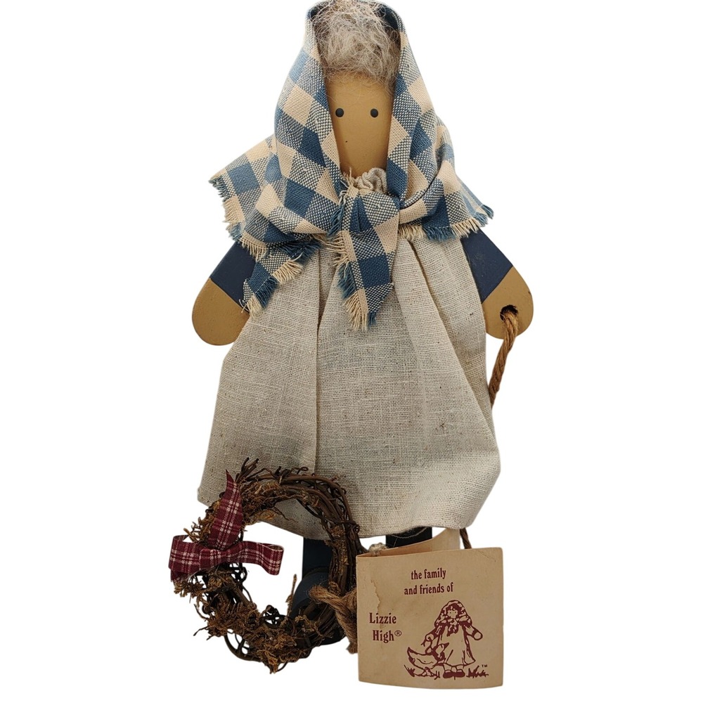 Vintage 1985 Lizzie High Wooden Folk Girl Doll 10in Blue Check Scarf Wreath Tag